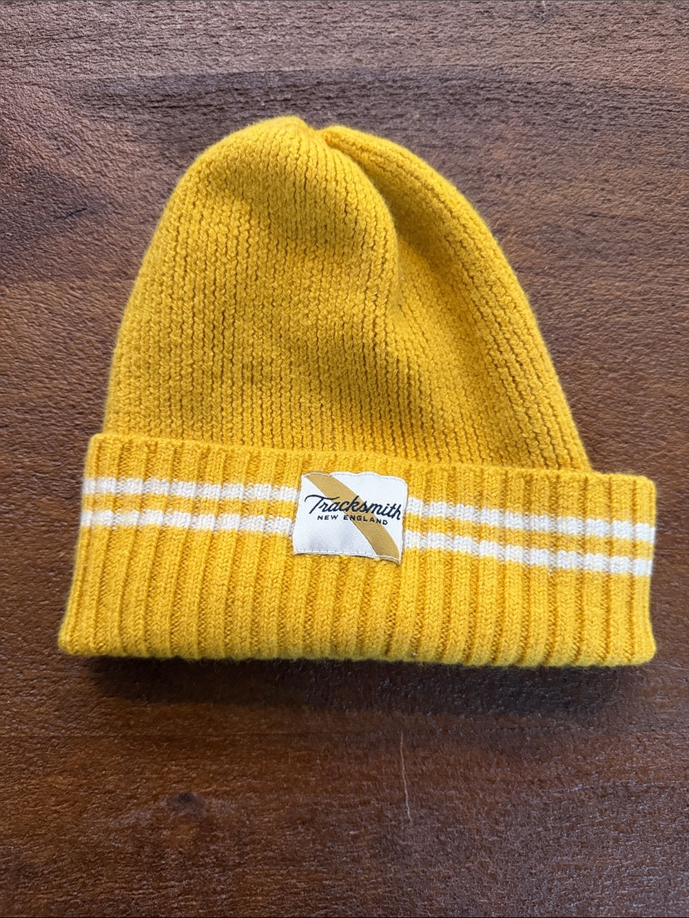 Tracksmith Unisex Yellow Knit Beanie with White Stripes
